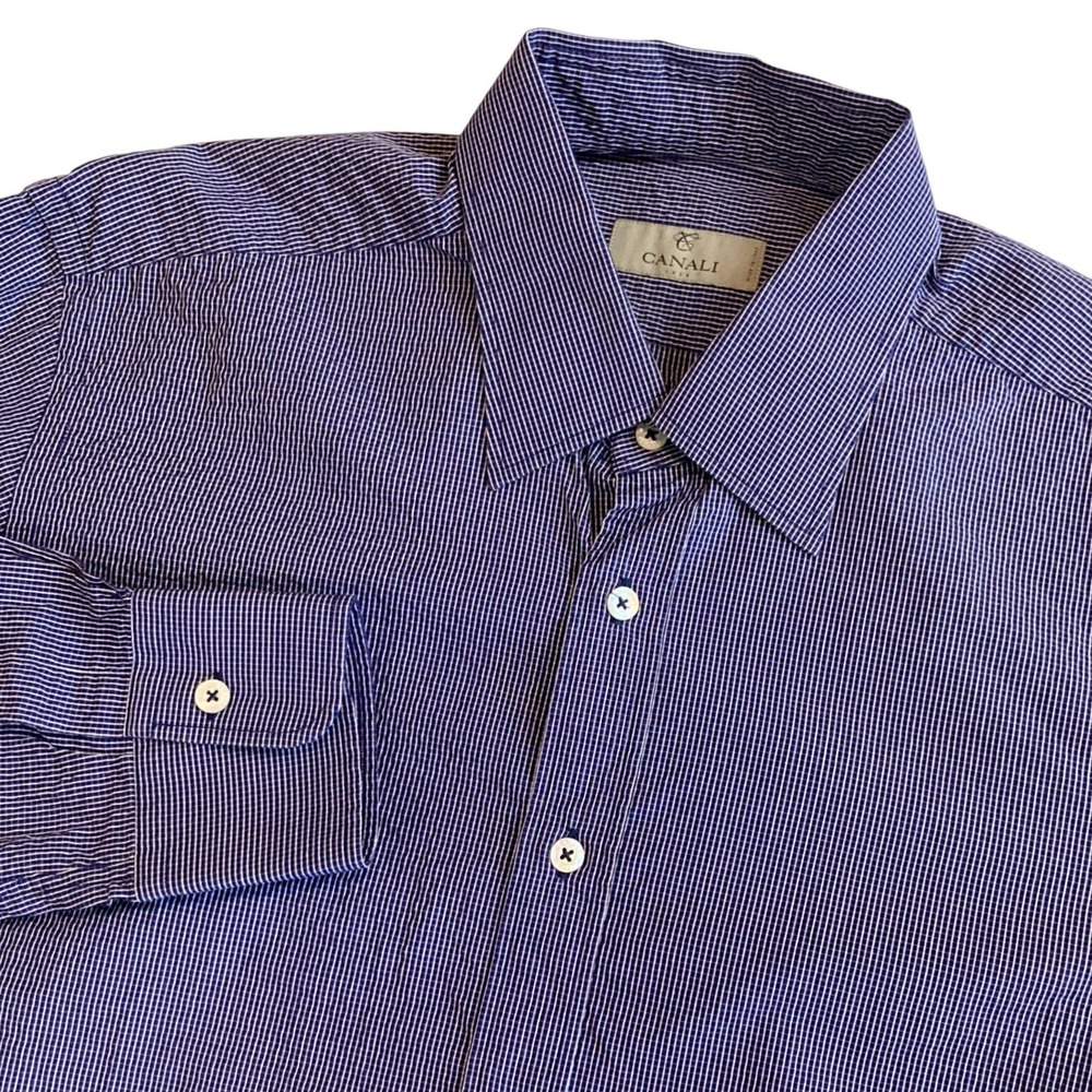 Canali 1934 Mens Large Purple White‎ Micro Check Seersucker B/D Made in Italy
